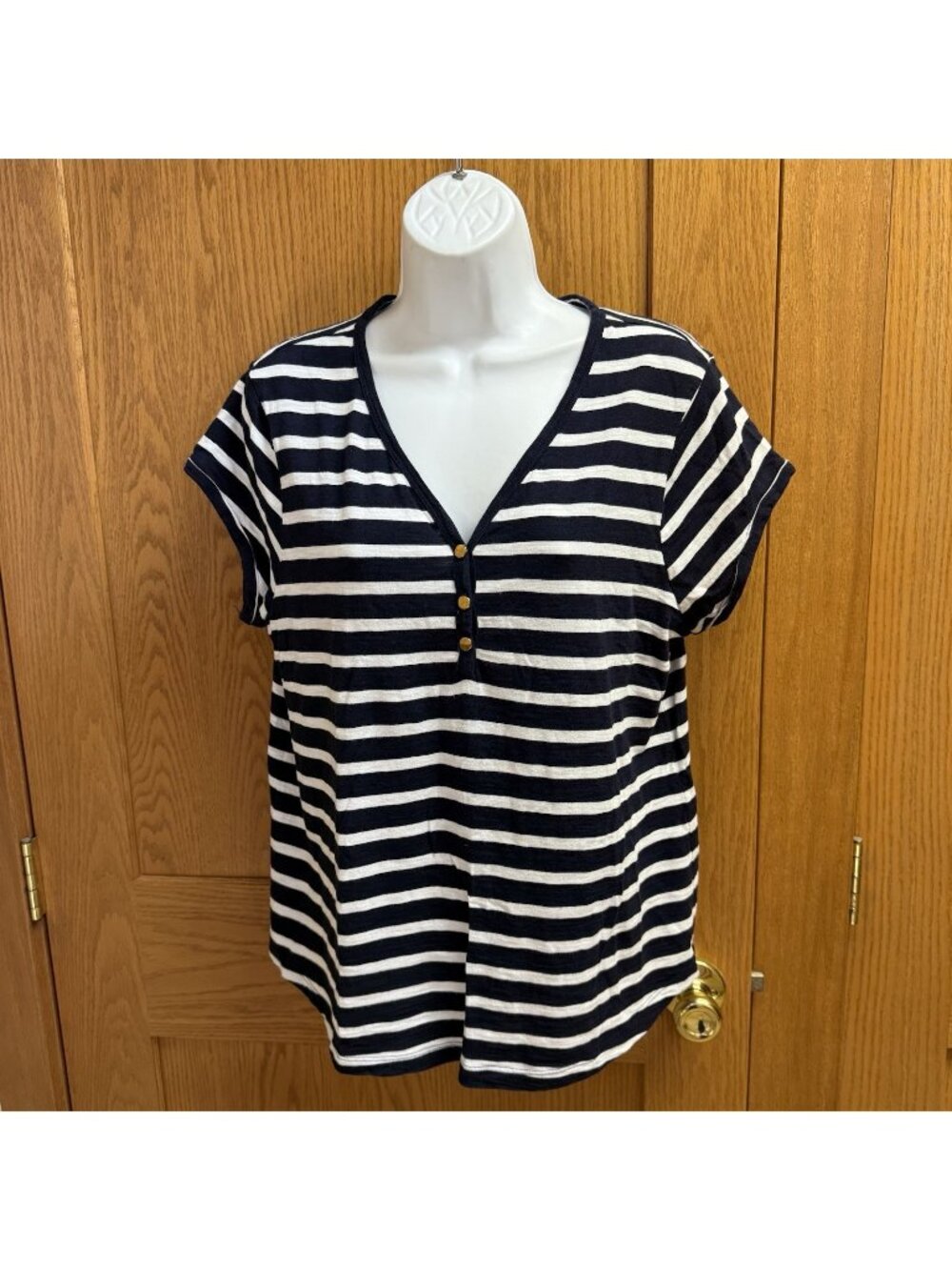 Chico's Navy Blue & White Striped Knit Top - Size 2 - Large